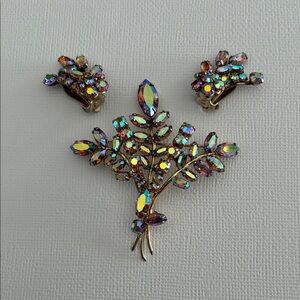 Signed SHERMAN Brooch & Earrings Set in Original Case; Aurora Borealis; Vintage